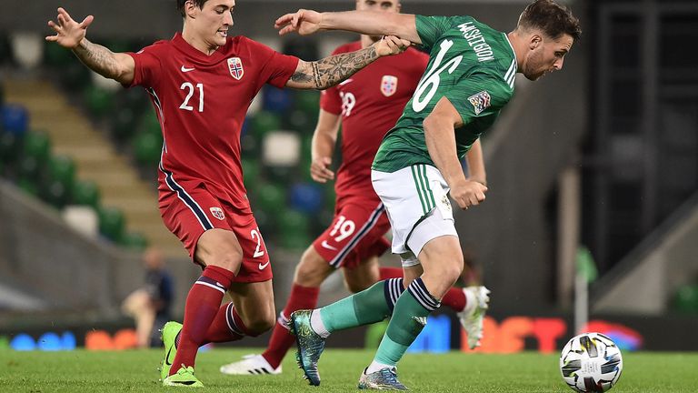 BELFAST, NORTHERN IRELAND - SEPTEMBER 07: Conor Washington and Mathias Normann of Norway during the UEFA Nations League group stage match between Northern Ireland and Norway at National Stadium on September 7, 2020 in Belfast, United Kingdom. (Photo by Charles McQuillan/Getty Images)