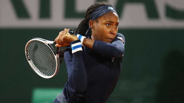 Cori Gauff plays a backhand during her Women's Singles first-round match against Johanna Konta at the French Open