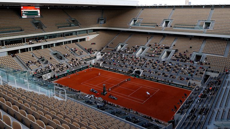 General view inside Court Philippe-Chatrier during the Women's Singles Final between Sofia Kenin of The United States of America and Iga Swiatek of Poland on day fourteen of the 2020 French Open at Roland Garros on October 10, 2020 in Paris, France.