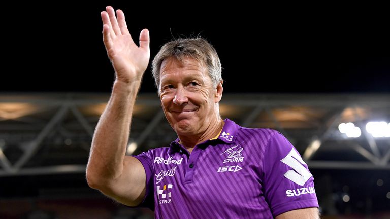 BRISBANE, AUSTRALIA - OCTOBER 03: Coach Craig Bellamy of the Storm celebrates victory after the NRL Qualifying Final match between the Melbourne Storm and the Parramatta Eels at Suncorp Stadium on October 03, 2020 in Brisbane, Australia. (Photo by Bradley Kanaris/Getty Images)