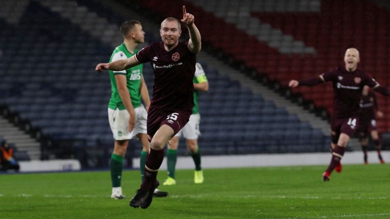 Craig Wighton celebrates scoring for Hearts in the semi-finals of the Scottish Cup