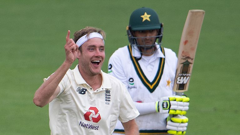 England's Stuart Broad celebrates taking the wicket of Mohammad Abbas of Pakistan during the 2nd #RaiseTheBat Test Match at the Ageas Bowl