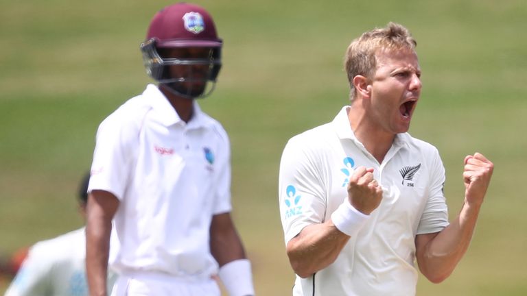 New Zealand's Neil Wagner celebrates a wicket during the Second Test against West Indies at Hamilton, 2017