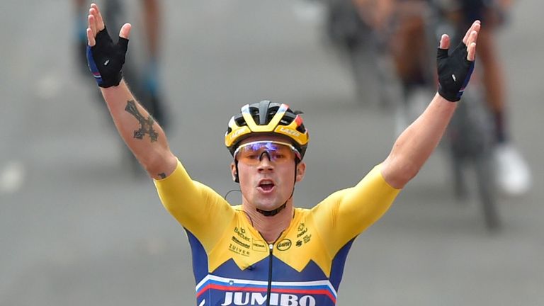 Defending champion, Primoz Roglic celebrates winning stage one of the 2020 Vuelta a Espana