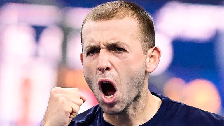 Dan Evans celebrates during the game between Italian Salvatore Caruso and Britain's Daniel Evans, in the first round of the men's singles competition at the European Open Tennis ATP tournament, in Antwerp, Tuesday 20 October 2020.