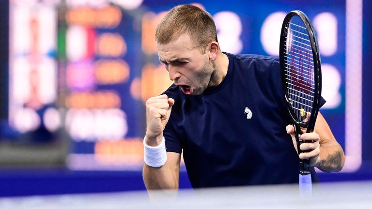 Dan Evans celebrates during the game between Italian Salvatore Caruso and Britain's Daniel Evans, in the first round of the men's singles competition at the European Open Tennis ATP tournament, in Antwerp, Tuesday 20 October 2020