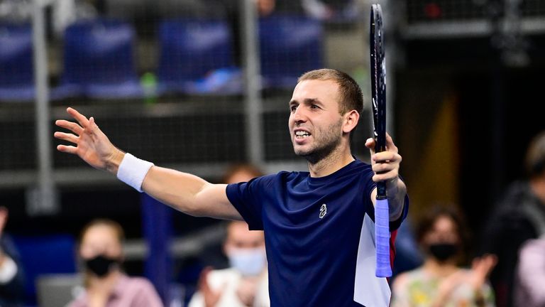 Dan Evans celebrates after winning the match between British Evans and Russian Khachanov, in the quarter final round of the men's singles competition at the European Open Tennis ATP tournament, in Antwerp, Friday 23 October 2020