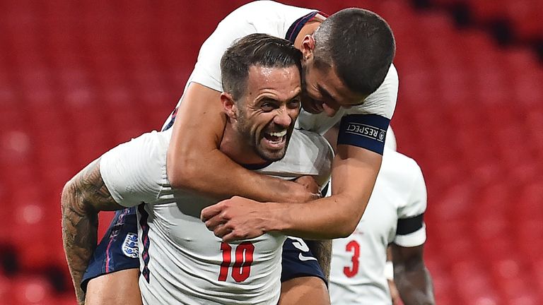 Danny Ings celebrates after scoring England's third goal