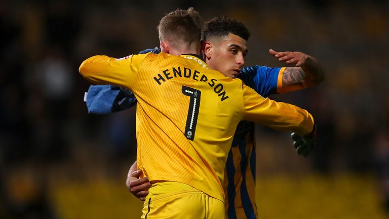 Dean Henderson of Shrewsbury Town and Ben Godfrey of Shrewsbury Town at full time during the Sky Bet League One match between Bradford City and Shrewsbury Town at Coral Windows Stadium, Valley Parade on April 12, 2018