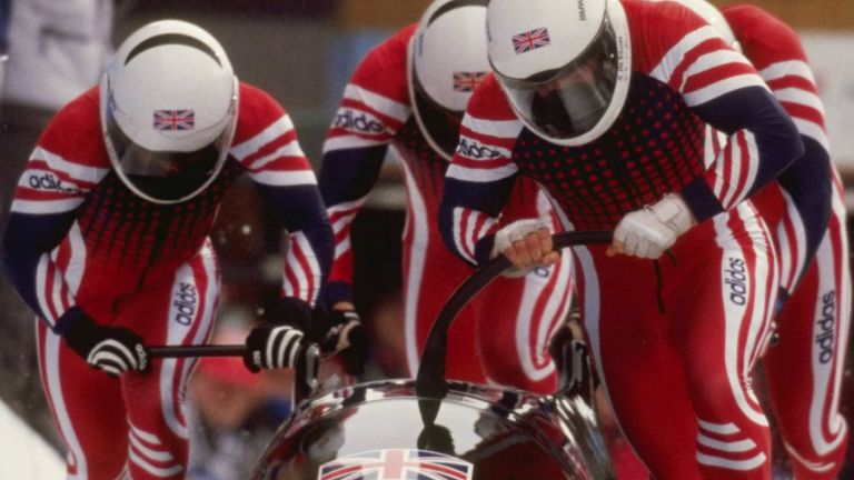 21 Feb 1998: Sean Olsson, Dean Ward, Courtney Rumbolt and Paul Attwood of Great Britain take off and tie the bronze medal with France at the Spiral during the 1998 Winter Olympic Games in Nagano, Japan. 