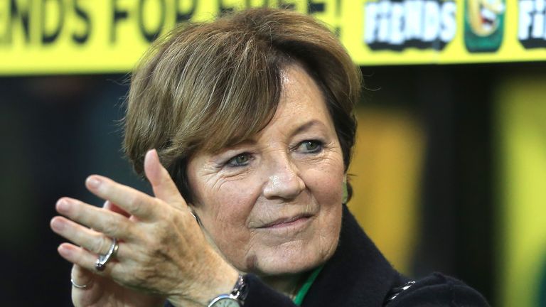 Delia Smith acknowledges the fans during the Premier League match between Norwich City and Manchester United at Carrow Road on October 27, 2019 in Norwich, United Kingdom