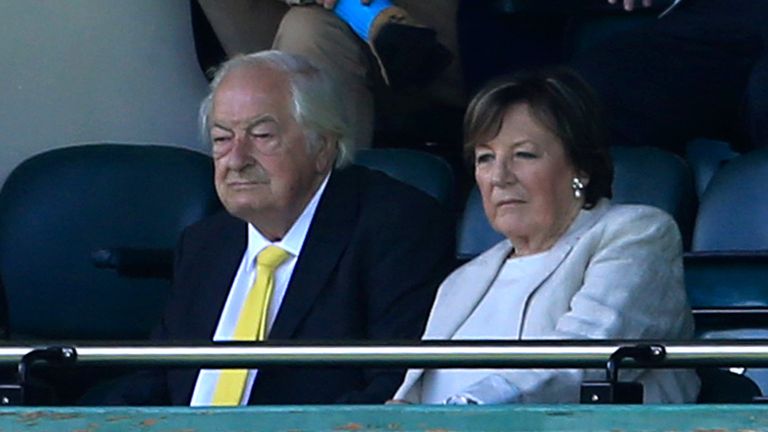 Owners Michael Wynn-Jones and Delia Smith are seen sitting in the stands during the Sky Bet Championship match between Norwich City and Preston North End at Carrow Road on September 19, 2020 in Norwich, England. Norwich City Football Club are allowing limited number of spectators (1000) to be in attendance as Covid-19 pandemic restrictions are eased