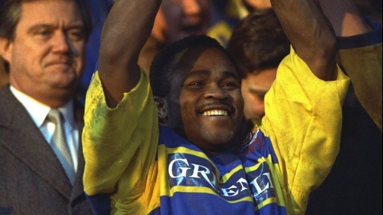 12 Jan 1991: Des Drummond of Warrington lifts the trophy aloft after their victory in the Regal Trophy final against Bradford Northern. \ Mandatory Credit: Shaun Botterill/Allsport