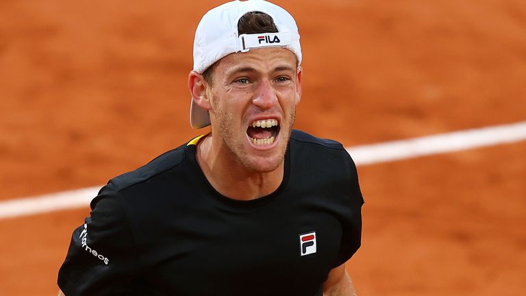 Diego Schwartzman reacts in his quarter-final match against Dominic Thiem at the French Open