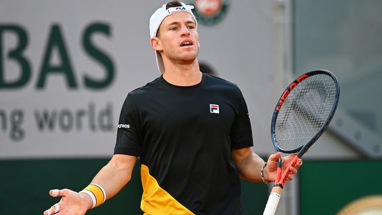 Argentina&#39;s Diego Schwartzman reacts as he plays against Spain&#39;s Rafael Nadal during their men&#39;s singles semi-final tennis match on Day 13 of The Roland Garros 2020 French Open tennis tournament in Paris on October 9, 2020. 