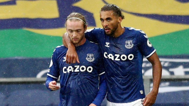 Dominic Calvert-Lewin celebrates his goal with teammate Tom Davies