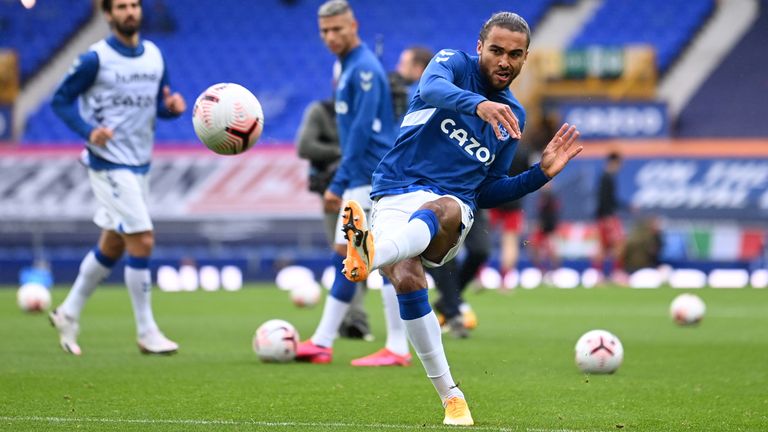 Dominic Calvert-Lewin warms up ahead of the Merseyside derby