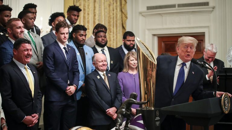 President Donald Trump speaks during an event to honor this year's NCAA football champions Louisiana State University Tigers in the East Room of the White House on January 17, 2020 in Washington, DC. LSU defeated Clemson in the National Championship Game to cap off an undefeated season