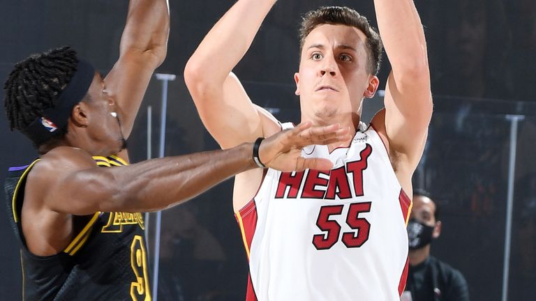 Duncan Robinson fires a three-pointer for the Miami Heat in Game 5 of the NBA Finals
