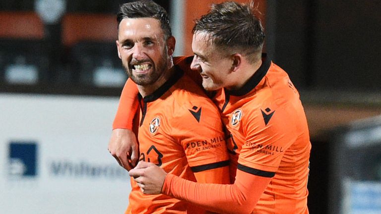 DUNDEE, SCOTLAND - OCTOBER 02: Dundee United's Nicky Clark (C) celebrates his opening goal during a Scottish Premiership match between Dundee United and Livingston at Tannadice Park, on October 02, 2020, in Dundee, Scotland. (Photo by Ross MacDonald / SNS Group)