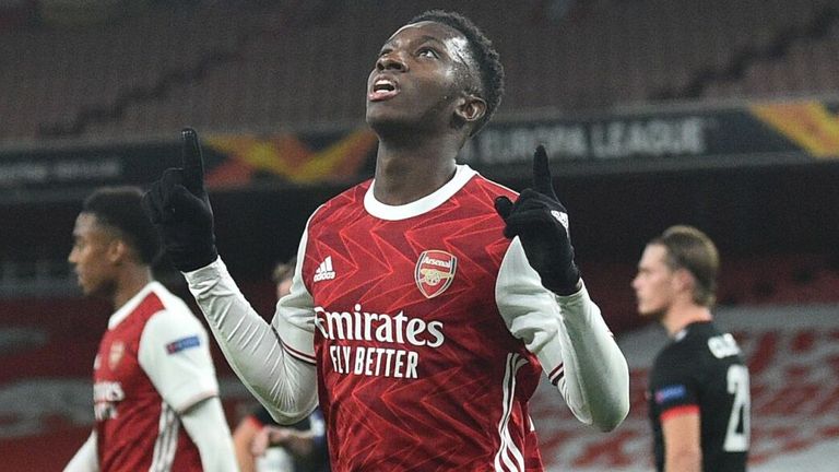 Arsenal&#39;s English striker Eddie Nketiah celebrates scoring his team&#39;s first goal during the UEFA Europa League 1st round day 2 Group B football match between Arsenal and Dundalk at the Emirates Stadium in London on October 29, 2020. (Photo by Glyn KIRK / AFP) (Photo by GLYN KIRK/AFP via Getty Images)
