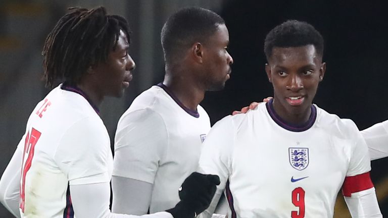 Eddie Nketiah celebrates his history-making goal for England U21s as they booked their place at next summer's U21 Euros