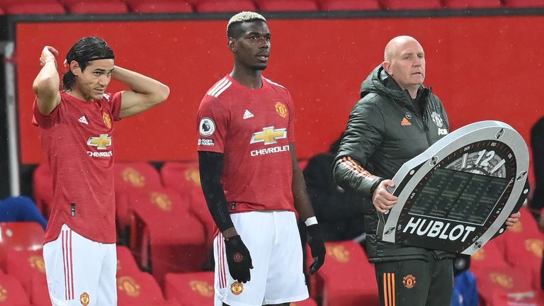 Edinson Cavani and Paul Pogba come on for Manchester United against Chelsea at Old Trafford in October 2020