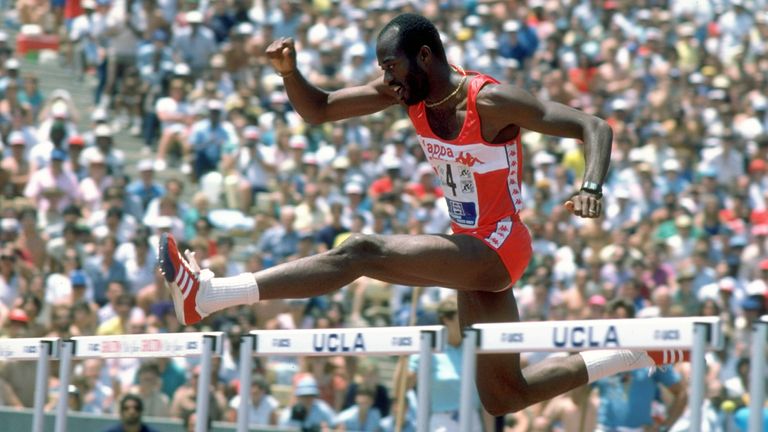 Edwin Moses of the USA in action during a Mens Hurdles event at Drakes Stadium UCLA in Los Angeles, California, USA