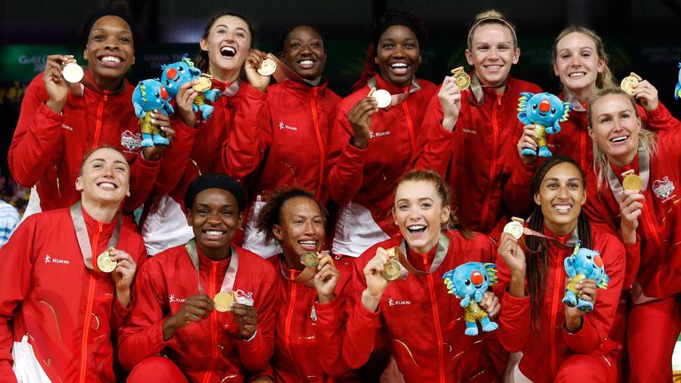 The England women's netball team celebrate with their gold medals at the Coomera Indoor Sports Centre during day eleven of the 2018 Commonwealth Games in the Gold Coast, Australia. PRESS ASSOCIATION Photo. Picture date: Sunday April 15, 2018. See PA story COMMONWEALTH Netball. Photo credit should read: Martin Rickett/PA Wire. RESTRICTIONS: Editorial use only. No commercial use. No video emulation