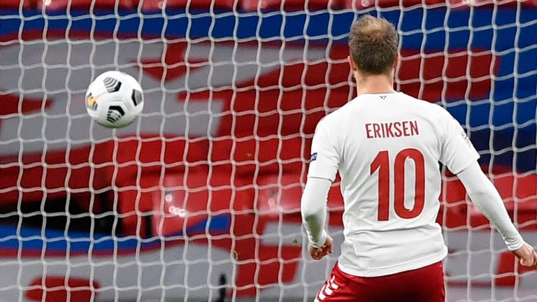 Christian Eriksen of Denmark scores his team's first goal from the penalty spot past Jordan Pickford of England during the UEFA Nations League group stage match between England and Denmark at Wembley Stadium on October 14, 2020 in London, England. 