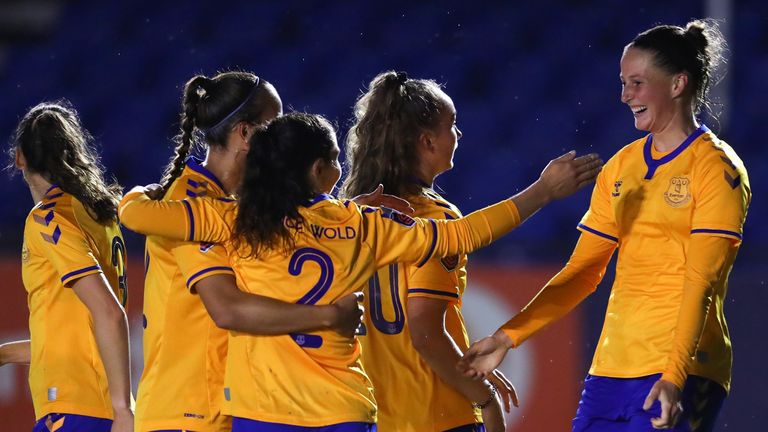 Everton&#39;s Nicoline Sorensen celebrates with team-mates after scoring her side&#39;s second goal during  Women&#39;s FA Cup semi-final against Birmingham City