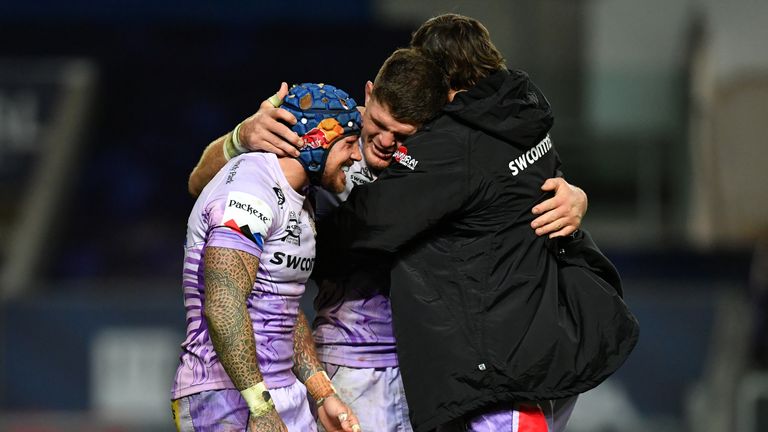 Jack Nowell, Don Armand and Dave Ewers  celebrate winning the Champions Cup for the first time