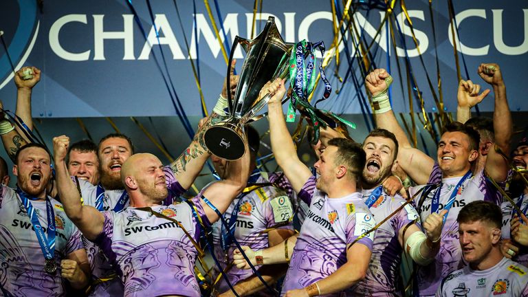Exeter celebrates after winning the Heineken Champions Cup