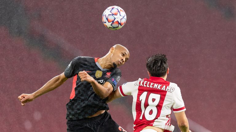 Fabinho wins a header in Liverpool's Champions League victory over Ajax