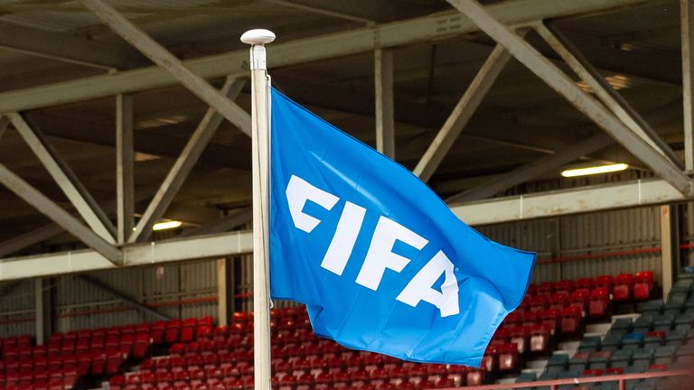  flag of FiFA are seen prior to the UEFA U21 Championship Qualifying match between Wales U21 and Germany U21 at the Racecourse Stadium on September 10, 2019 in Wrexham, Wales. 