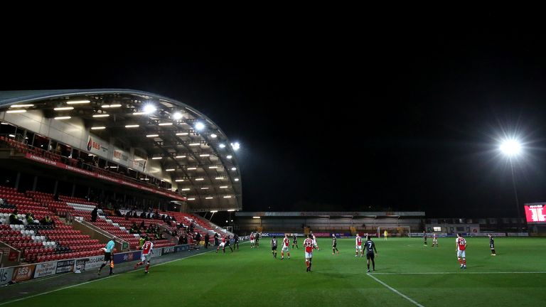 A general view of play is seen during the Sky Bet League One match between Fleetwood Town and Hull City at Highbury Stadium on October 09, 2020 in Fleetwood, England. Sporting stadiums around the UK remain under strict restrictions due to the Coronavirus Pandemic as Government social distancing laws prohibit fans inside venues resulting in games being played behind closed doors.