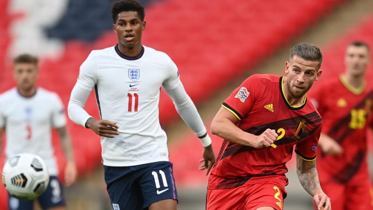 Marcus Rashford closes in on Belgium's Toby Alderweireld during the UEFA Nations League game at Wembley
