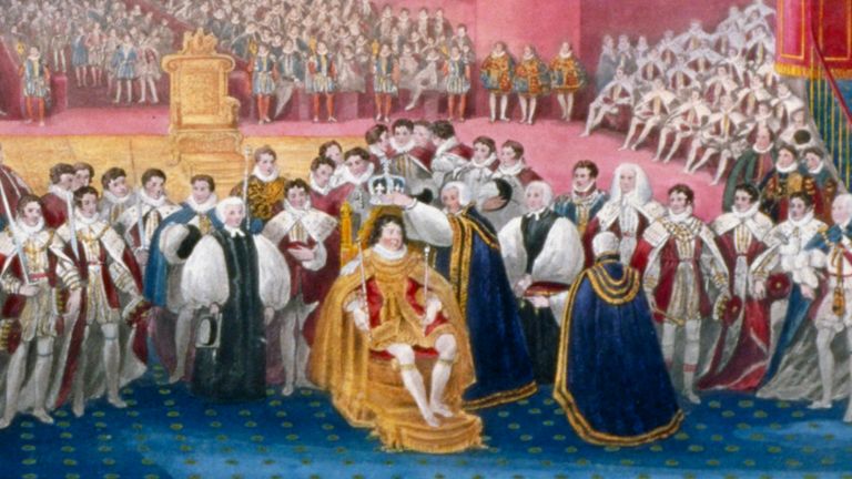 he coronation of King George IV in Westminster Abbey, London, 19th July, 1821. In the fore the Archbishop of Canterbury is crowning the king, who sits in St Edward&#39;s chair. Behind is a row of figures in ceremonial dress