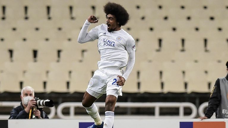 Hamza Choudhury celebrates scoring Leicester's second