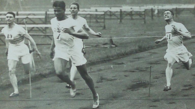 AAA Southern Championships at Stamford Bridge on the 22 Jun 1929. The caption states 'Jack London wins 100 yards final in 10 secs, with Billy Simmons (16) 3rd’ 'Courtesy of University of Westminster Archive'