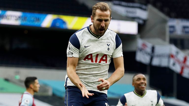 Harry Kane celebrates after scoring Tottenham's second goal against West Ham