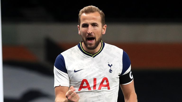 Harry Kane celebrates after scoring for Spurs against Maccabi Haifa