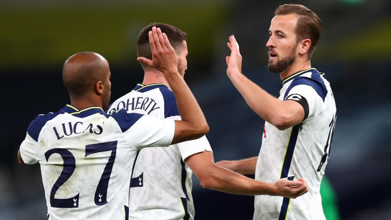 Harry Kane celebrates scoring his second goal for Spurs against Maccabi Haifa