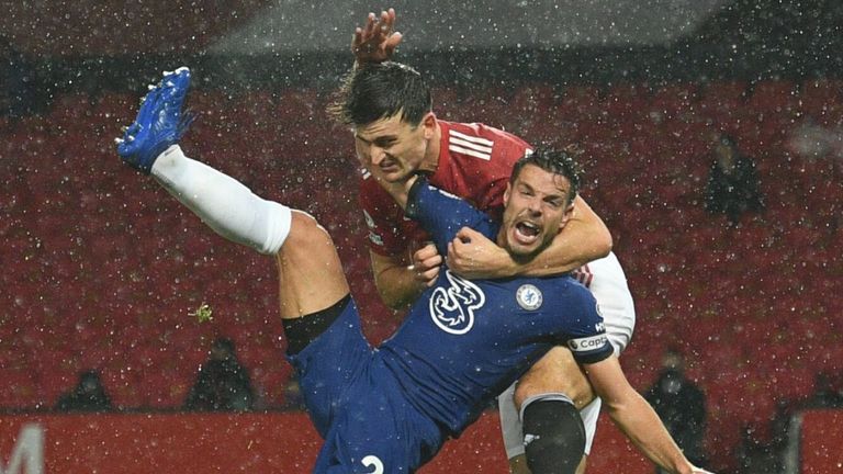 Harry Maguire was fortunate to avoid giving away a penalty for this hold on Cesar Azpilicueta