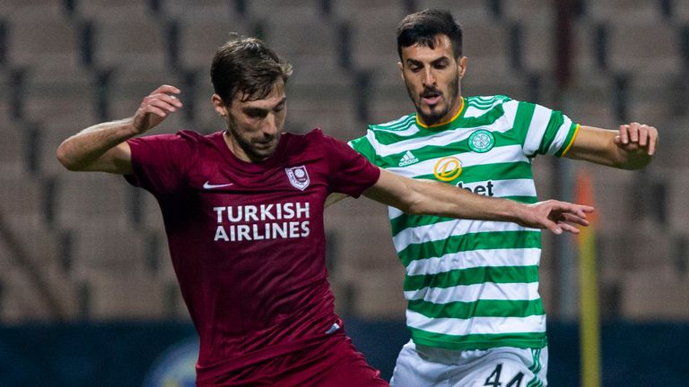 Celtic's Hatem Abd Elhamed (R) challenges Sarajevo's Tino-Sven Susic during the UEFA Europa League Qualifier
