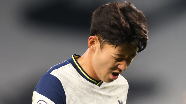 Heung-Min Son reacts after West Ham's equaliser