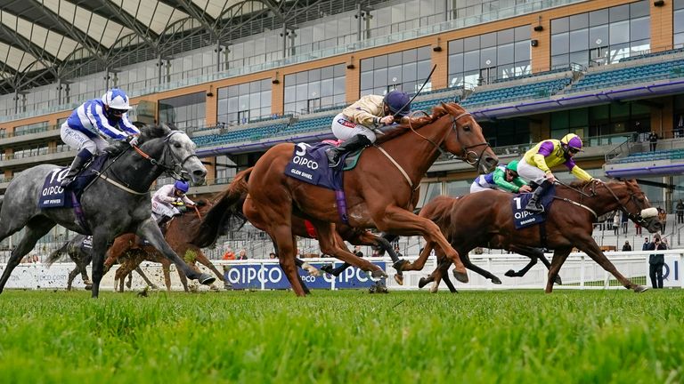 Hollie Doyle riding Glen Shiel (C, gold) win The Qipco British Champions Sprint Stakes during the Qipco British Champions Day at Ascot
