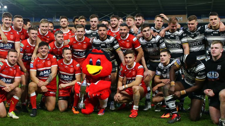 HULL, ENGLAND - JANUARY 14: Hull FC and Hull KR pose for a photo during the Clive Sullivan Trophy, pre-season friendly match between Hull FC and Hull KR at KCOM Stadium on January 14, 2017 in Hull