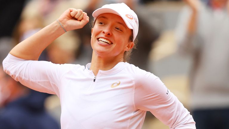 Iga Swiatek of Poland celebrates after winning championship point during her Women's Singles Final against Sofia Kenin of The United States of America on day fourteen of the 2020 French Open at Roland Garros on October 10, 2020 in Paris, France