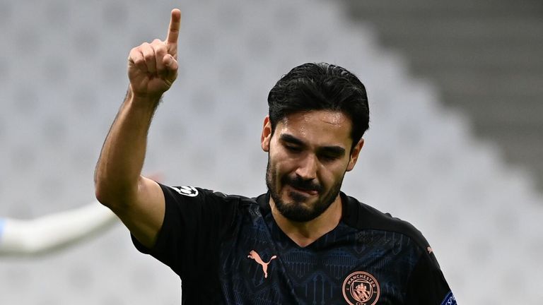 Ilkay Gundogan celebrates after putting Manchester City 2-0 up against Marseille